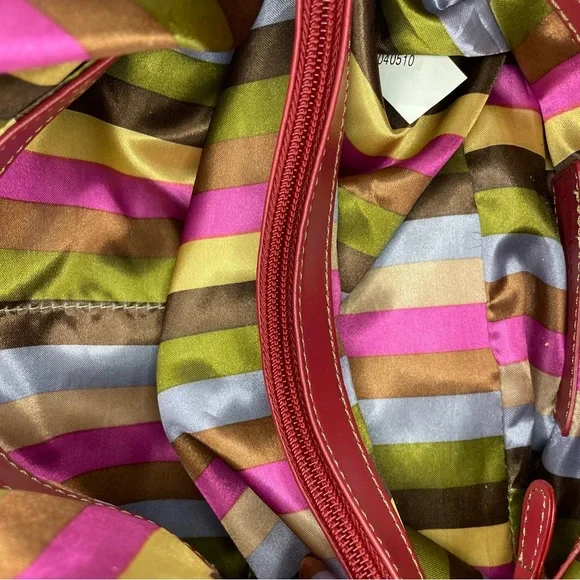 Tignanello Red Leather Hobo Bag With Striped Satin Interior Shoulder Purse - Picture 16 of 16